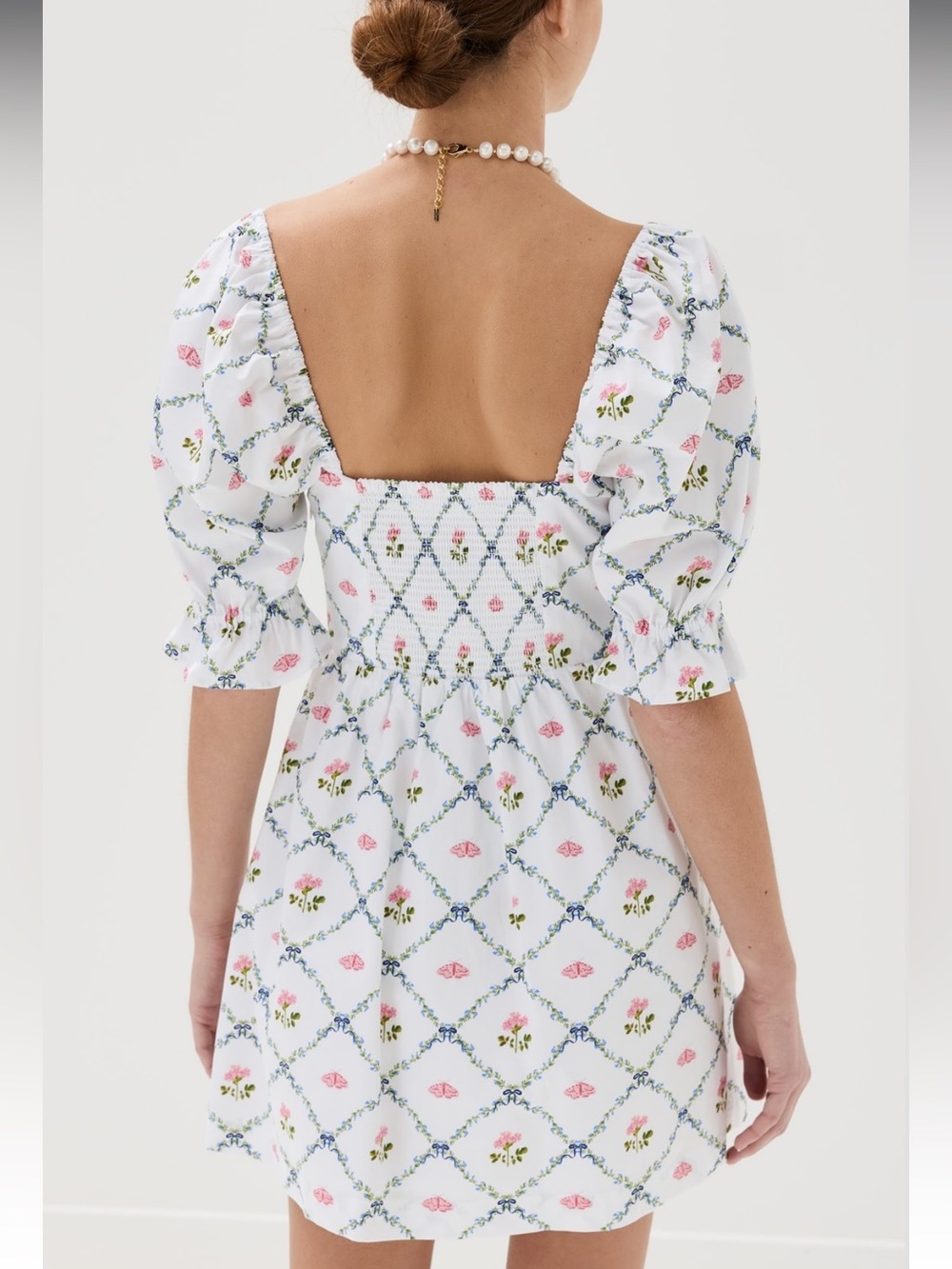 Hill House White Mini Dress with Pink & Blue Floral Lattice - Picture 2 of 15